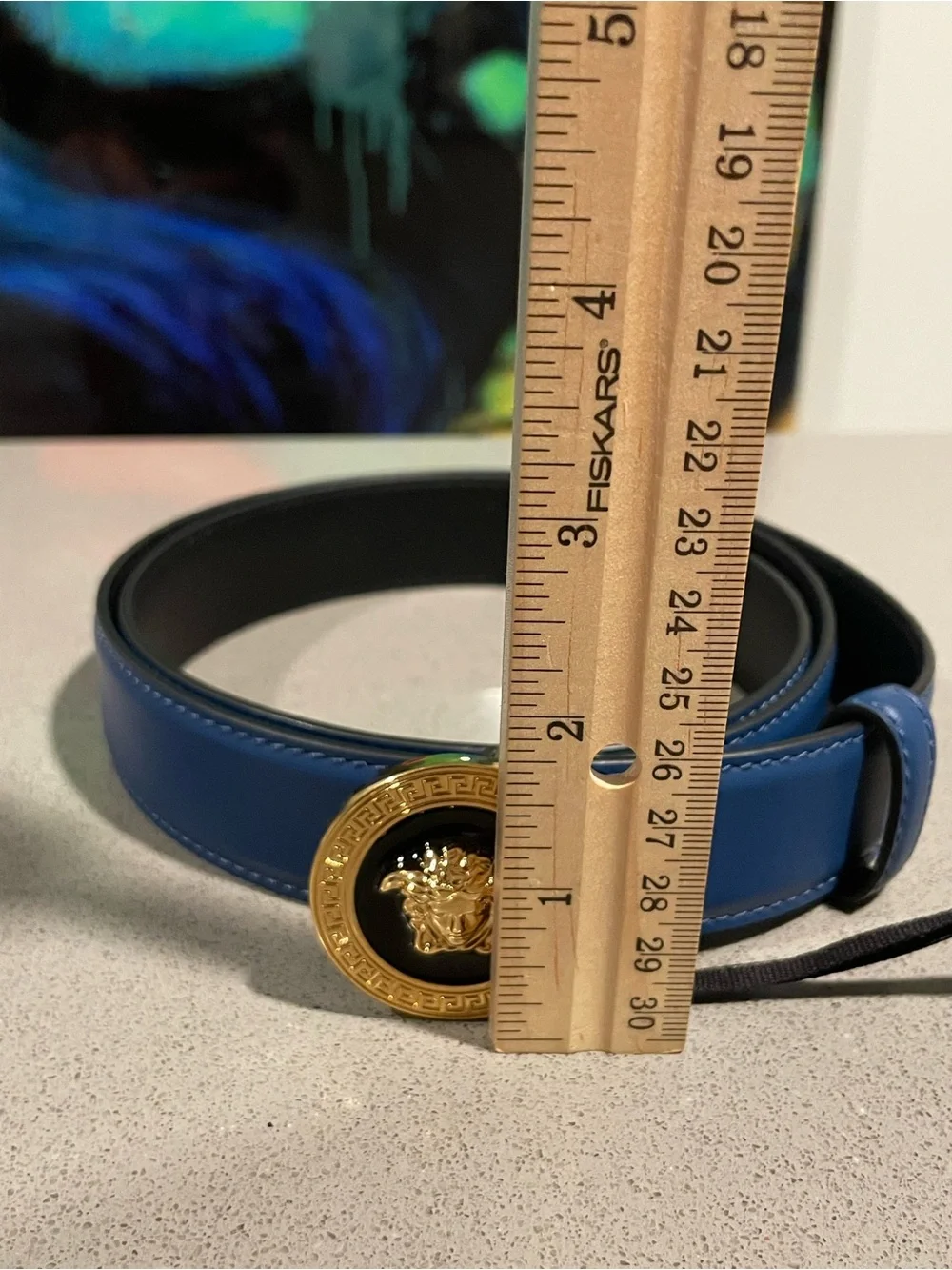 Versace Blue Leather Belt with Gold Medusa Buckle  SZ 110/44